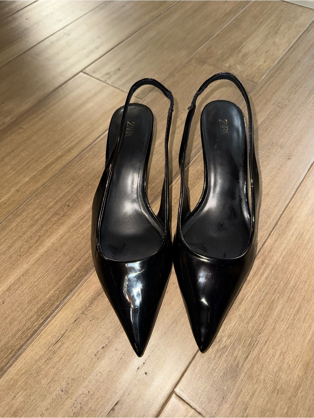 Zara Black Patent Pointed Slingback Mules